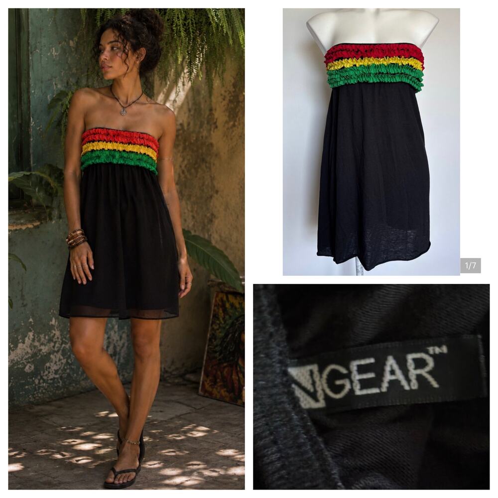 VTG Jamaica Reggae Rasta Ruffle Tube Dress Bob Marley Festival USA Paper Tag Y2K